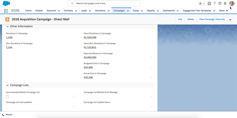 Salesforce Nonprofit Success Pack - campaign screenshot example
