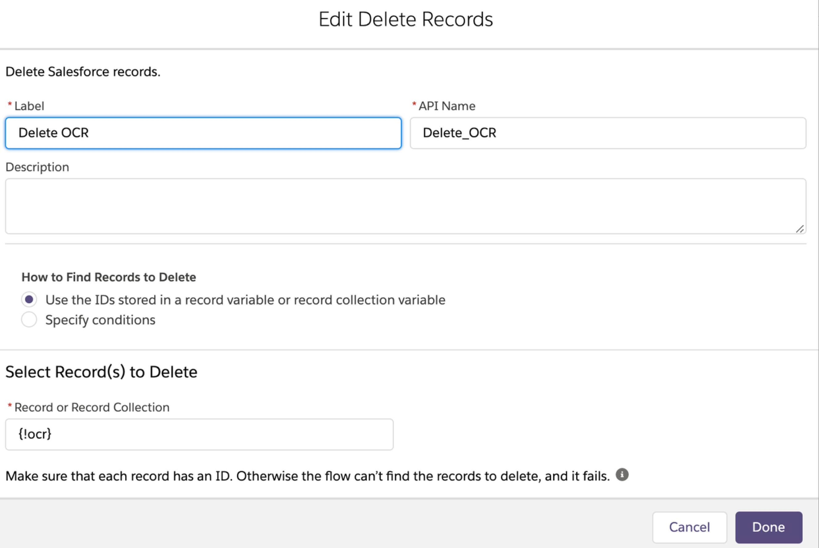 Screen configuring the delete records element in a flow