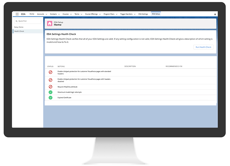 Screenshot of EDA Settings Health Check